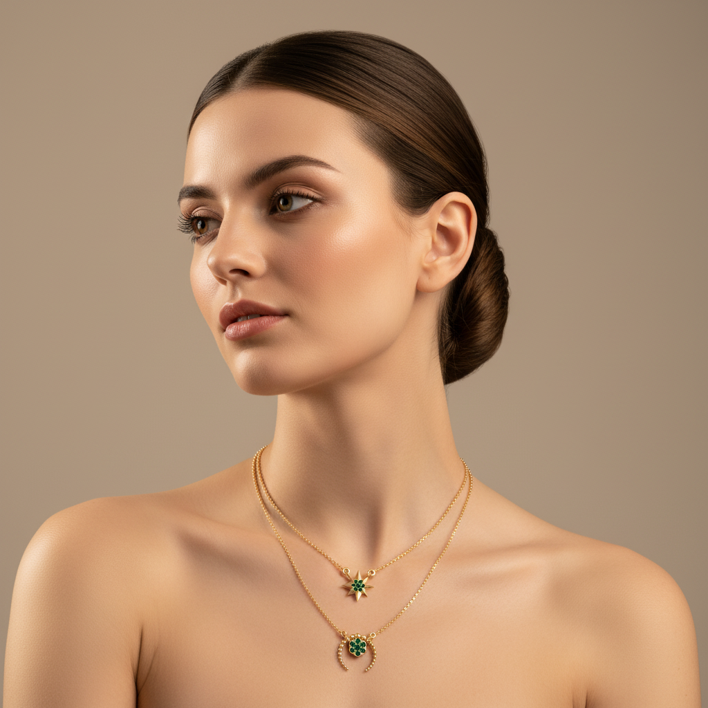 Layered Star And Circle Pendant Necklace With Green Stones - Two