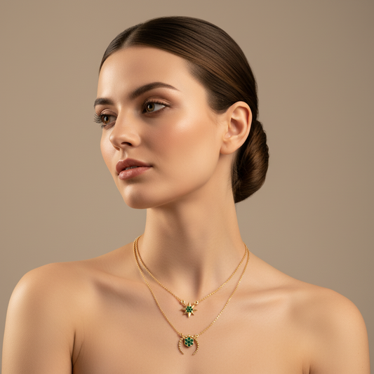 Layered Star And Circle Pendant Necklace With Green Stones - Two