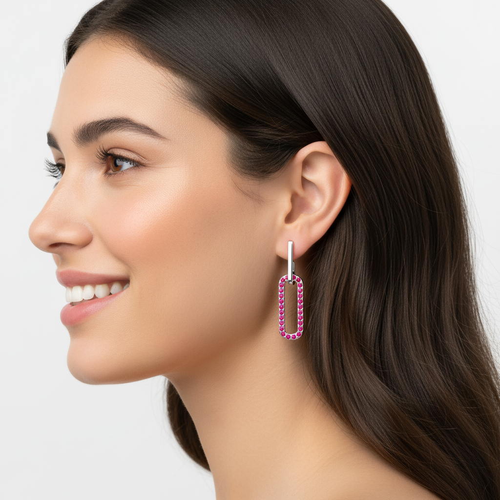 Modern Geometric Drop Earrings With Pink Gemstone Rectangular Hoops - Two