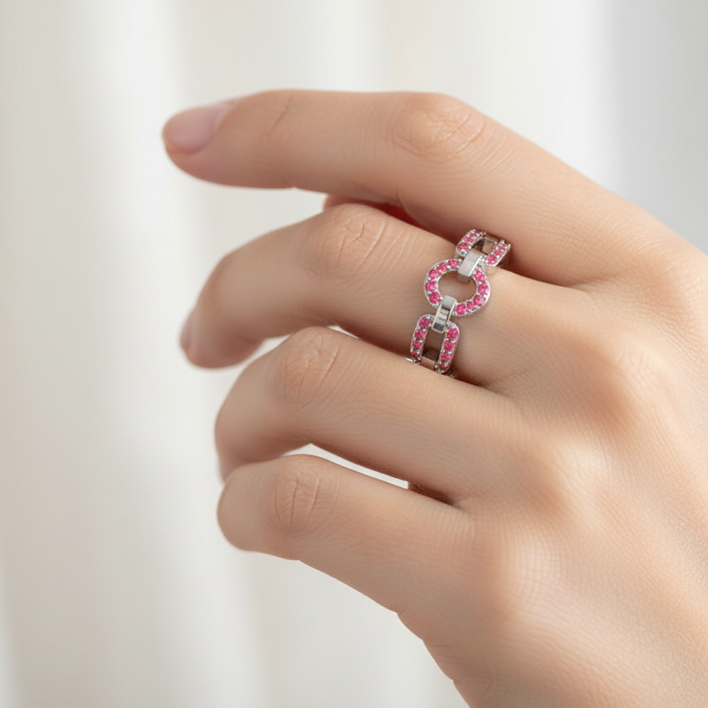 Ruby Circular Link Ring In White Gold | Double Pave Interlocking Chain Statement Luxury Ring For Women | Jebij - Two