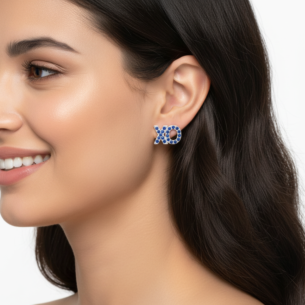 Blue Crystal Xo Stud Earrings With Screw Back - Two