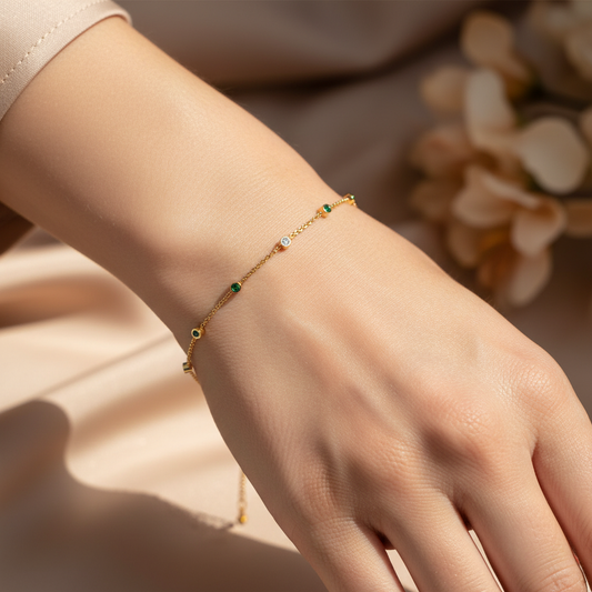 Delicate Emerald and Diamond Station Anklet Bracelet