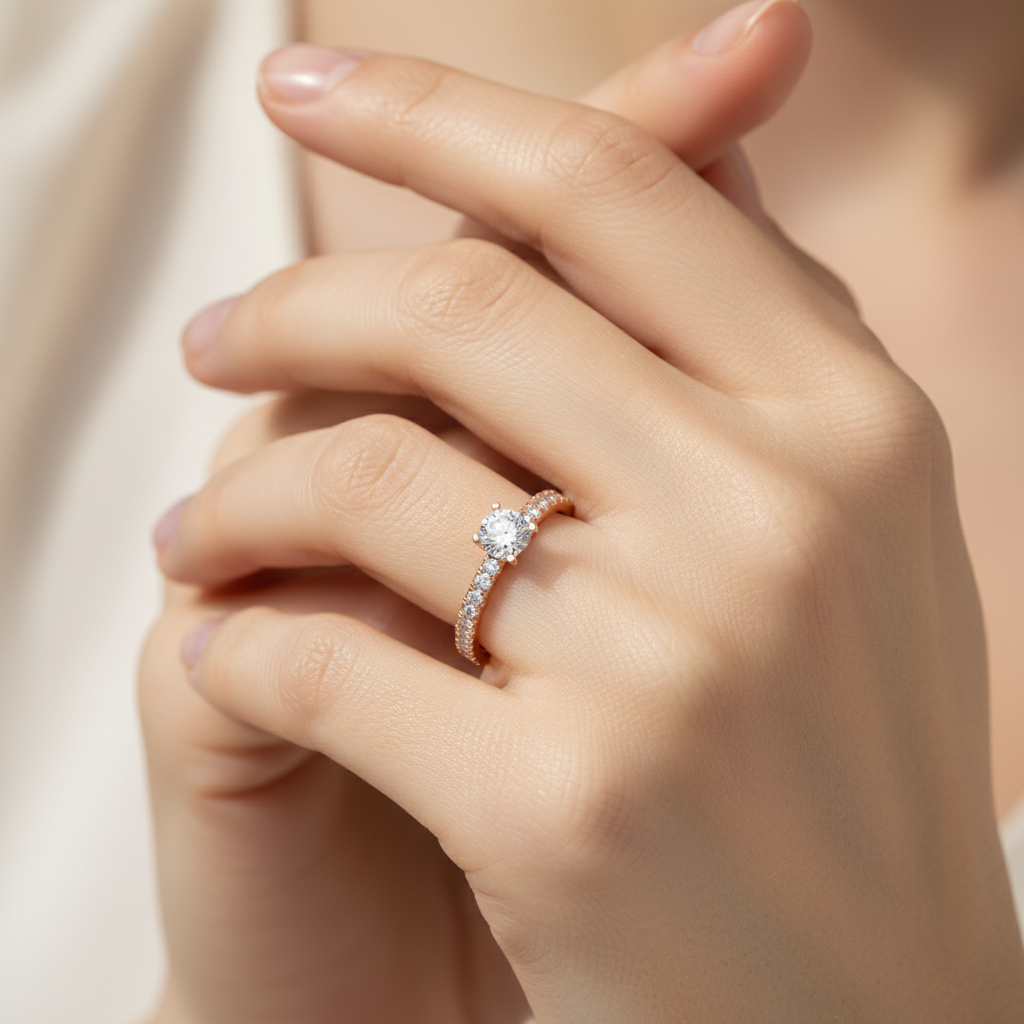 Rose Gold Solitaire Diamond Engagement Ring With Pav Band - Two