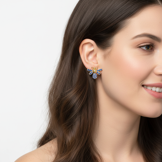 Blue Sapphire Bee Stud Earrings With Pav Wings - Two