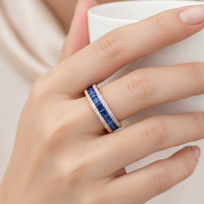 Blue Sapphire And Diamond Channel Set Wedding Band Ring - Two