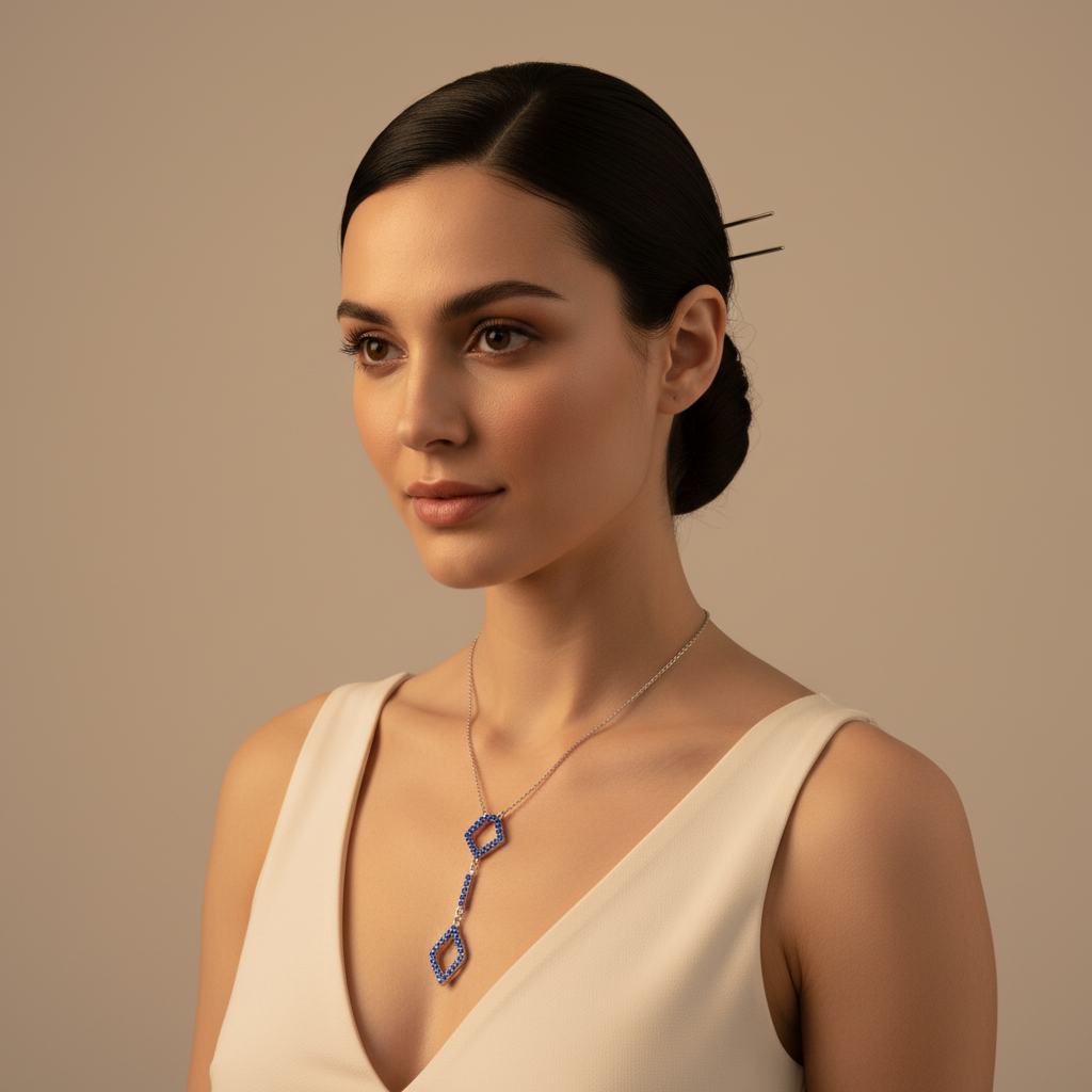 Blue Sapphire Geometric Drop Pendant Necklace | White Gold Adjustable 16–17 Inch Chain - Two