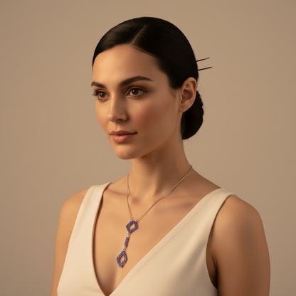 Blue Sapphire Geometric Drop Pendant Necklace | White Gold Adjustable 16–17 Inch Chain - Two
