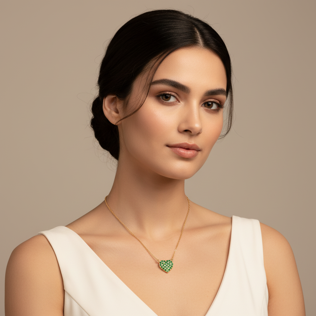 Pav Emerald Heart Pendant Necklace With Chain - Two
