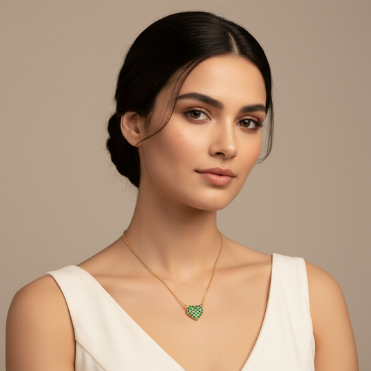 Pav Emerald Heart Pendant Necklace With Chain - Two