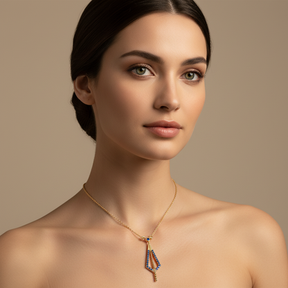 Art Deco Blue Sapphire Geometric Drop Pendant Necklace - Two
