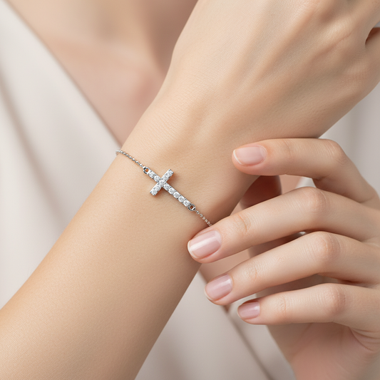 Sideways Cross Bracelet With Cubic Zirconia Stones - Two