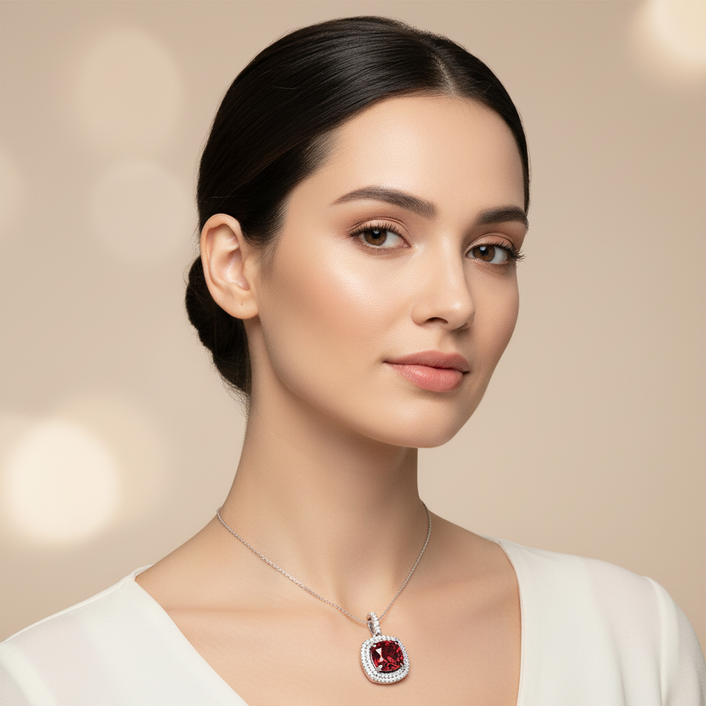 925 Sterling Silver Red Cushion Cut Moissanite Double Halo Pendant Necklace For Women - Two