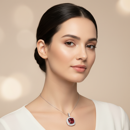 925 Sterling Silver Red Cushion Cut Moissanite Double Halo Pendant Necklace For Women - Two