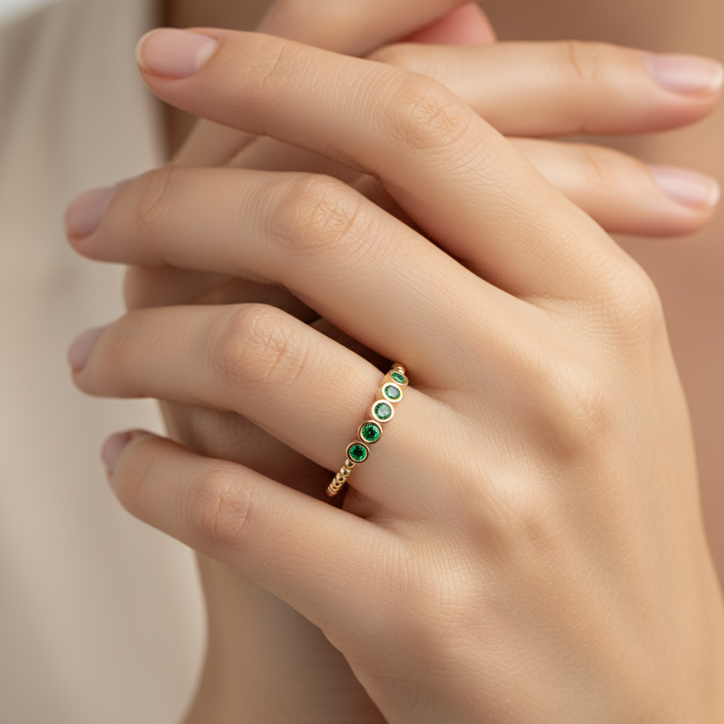 Lab-Grown Emerald Bezel Half Band Ring In Yellow Gold – Minimal 5 Stone Stackable Ring | Jebij - Two