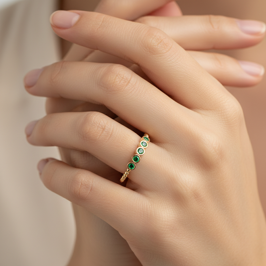 Lab-Grown Emerald Bezel Half Band Ring in Yellow Gold – Minimal 5 Stone Stackable Ring | Jebij