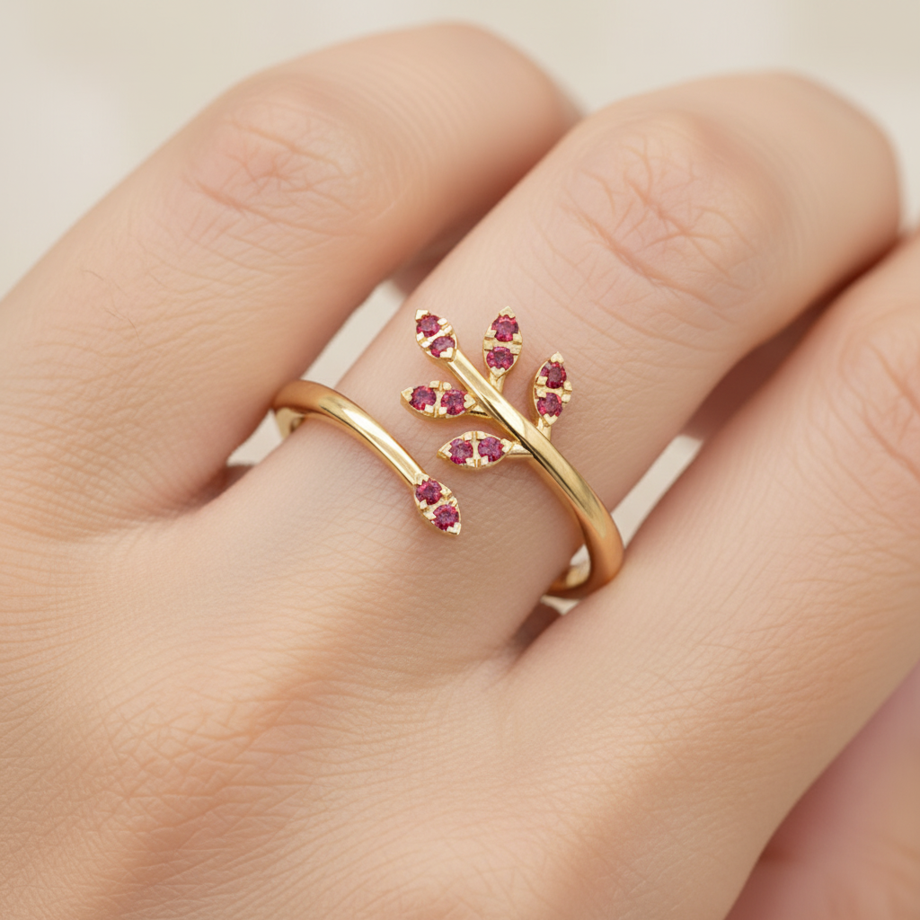 Ruby Leaf Vine Wrap Ring With Adjustable Band - Two