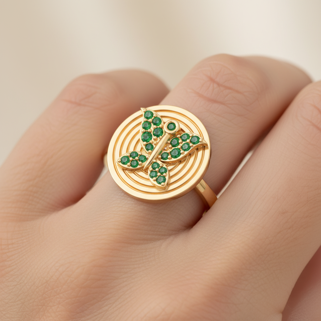 Emerald Initial T Signet Ring With Concentric Circle Design - Two