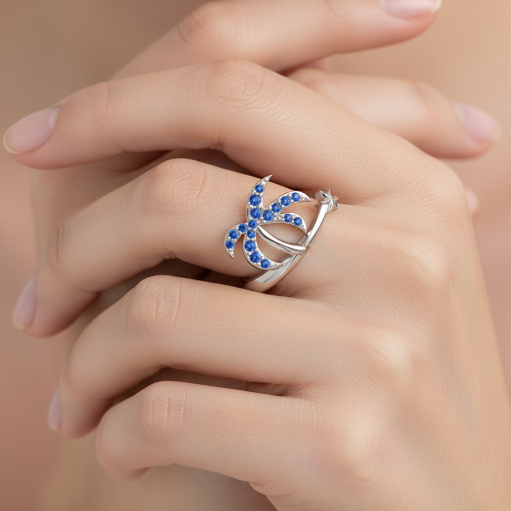 Blue Stone Star & Crescent Moon Ring In White Gold - Nine