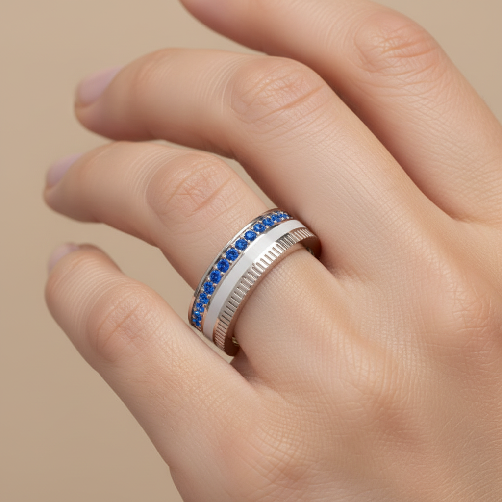 White Gold Blue Sapphire Band Ring With White Enamel Center – Modern Customizable Statement Ring | Jebij - Two