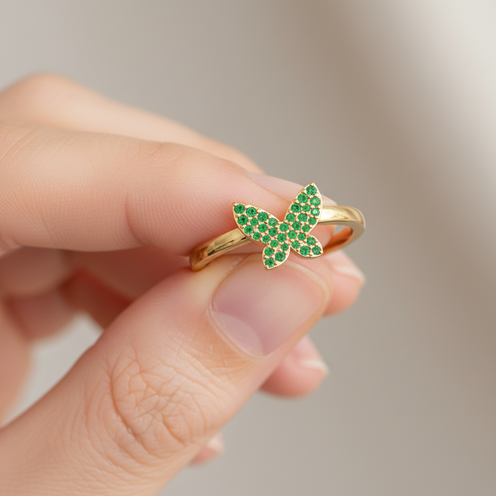 Emerald Pav Butterfly Ring Delicate Stackable Band - Two
