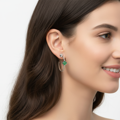 Beaded Hoop Earrings With Green Clover Accent - Two