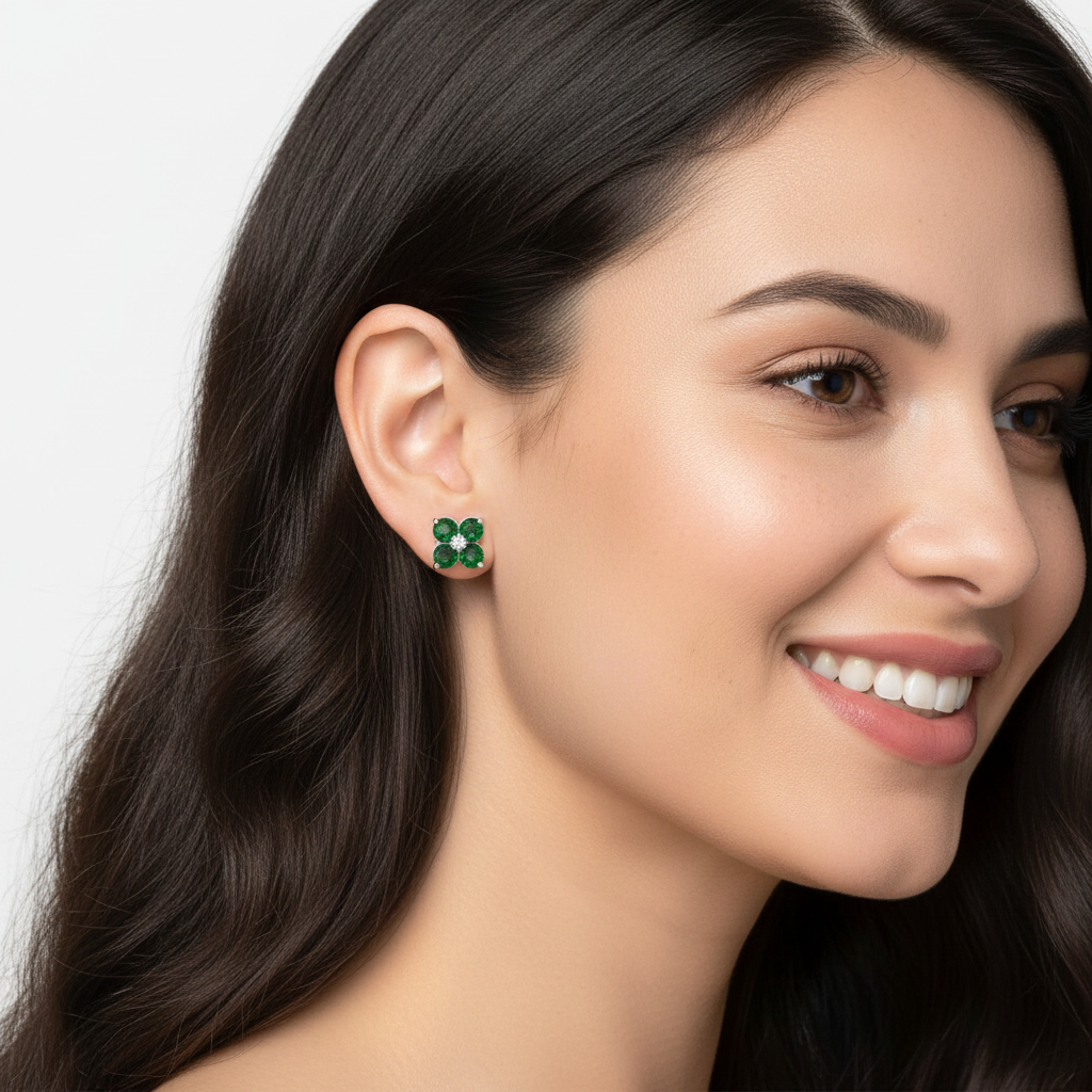 925 Sterling Silver Green Emerald Clover Stud Earrings With Diamond Center – Floral Cluster Elegant Jewelry - Two