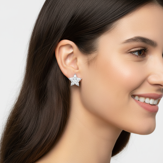 Pav Diamond Star Stud Earrings With Screw Back - Two