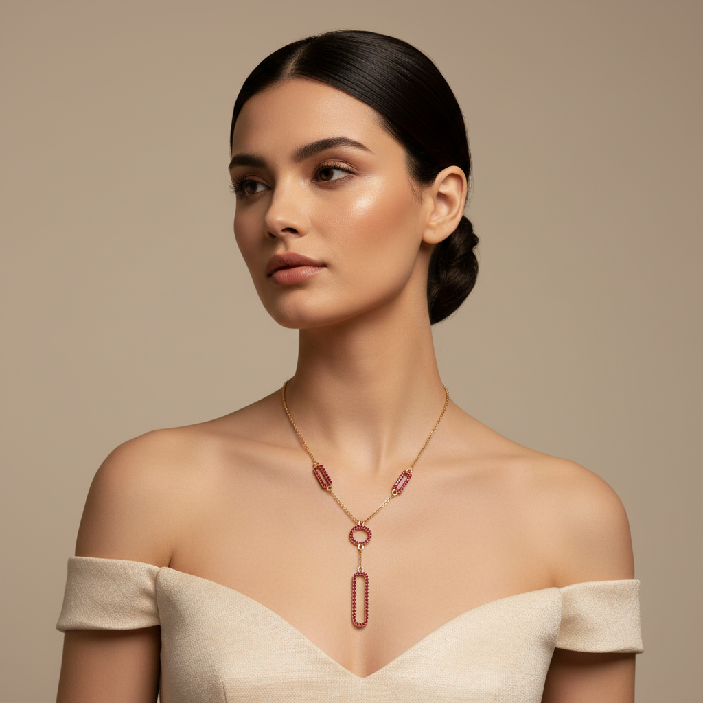 Lab-Grown Ruby Geometric Drop Y Necklace In Yellow Gold | Modern Pave Circle & Bar Design (16–17 Inch Adjustable) | Jebij - Two