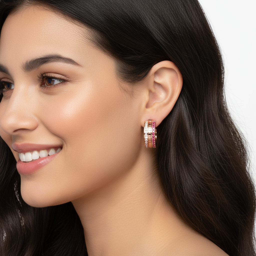 Ruby & Diamond Dual Row Hoop Earrings In Rose Gold – Luxury Festive Hoops | Jebij - Two