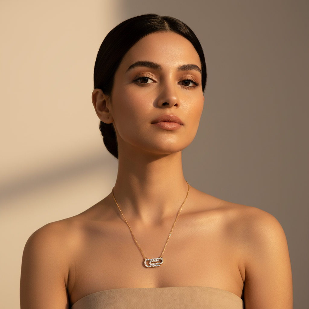 Diamond Interlocking Link Pendant Necklace In White Gold | Modern Geometric Pave Design (16–17 Inch Adjustable) | Jebij - Two