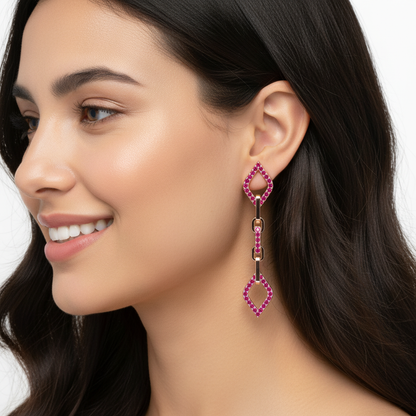 Ruby Chain Link Drop Earrings With Diamond Shaped Accents - Two