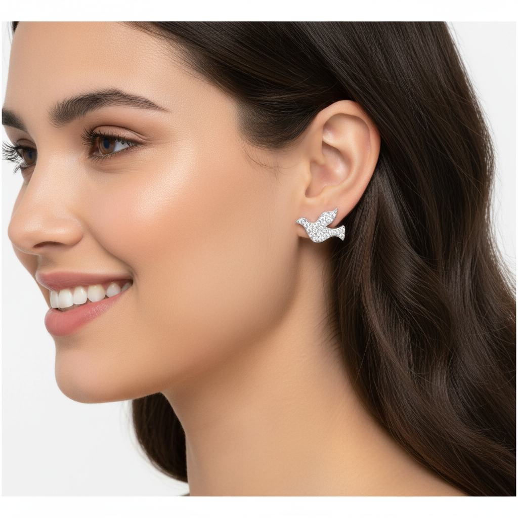Pav Crystal Dove Bird Stud Earrings With Screw Back - Two