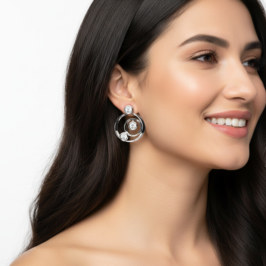 Gold Circle Pearl Stud Earrings  Modern Geometric Design 17mm x 19mm