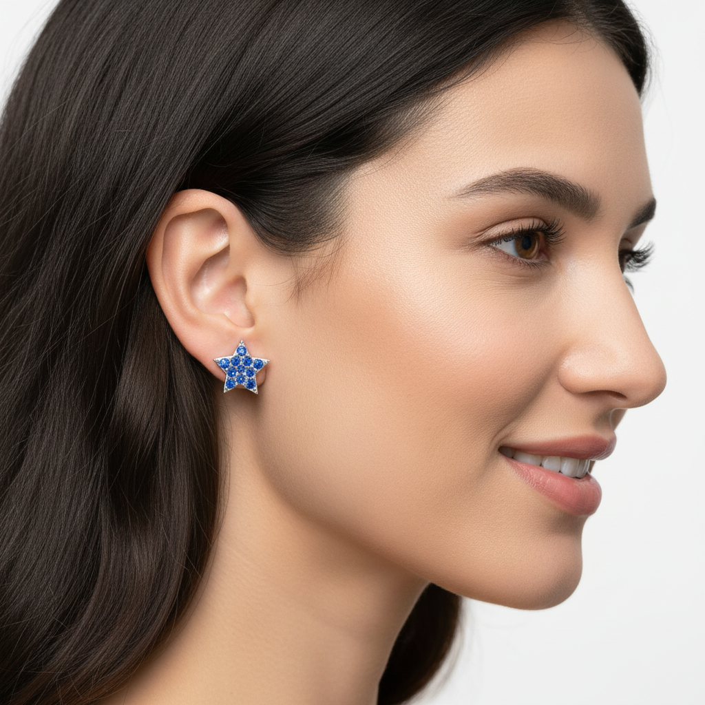 Blue Sapphire Star Stud Earrings With Screw Back Closure - Two