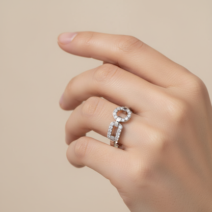 Diamond Circular Link Ring In White Gold | Double Pave Interlocking Chain Design Elegant Luxury Ring For Women | Jebij - Two