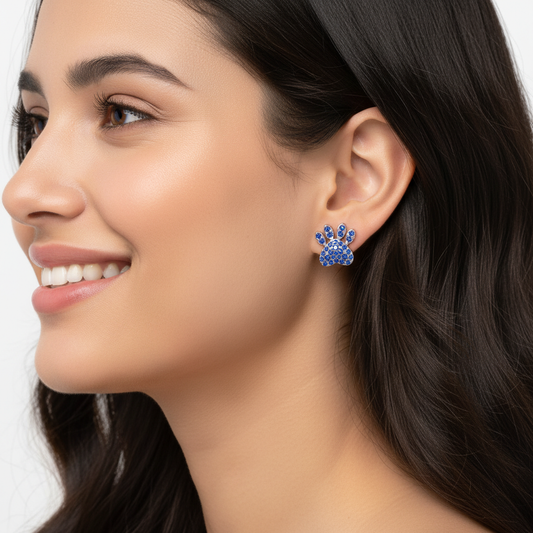 Blue Sapphire Paw Print Stud Earrings With Screw Back Closure - Two