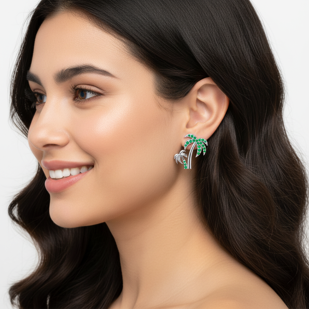 Green Crystal Palm Tree Stud Earrings - Two