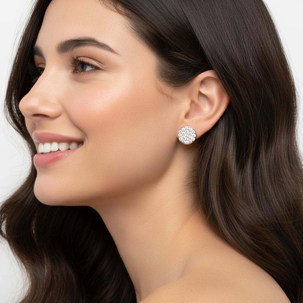 Pav Diamond Circle Disc Stud Earrings With Screw Back - Two