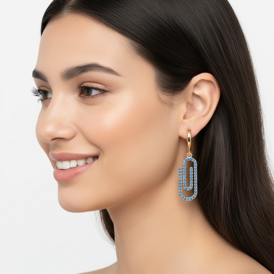 Blue Sapphire Paperclip Link Huggie Hoop Earrings