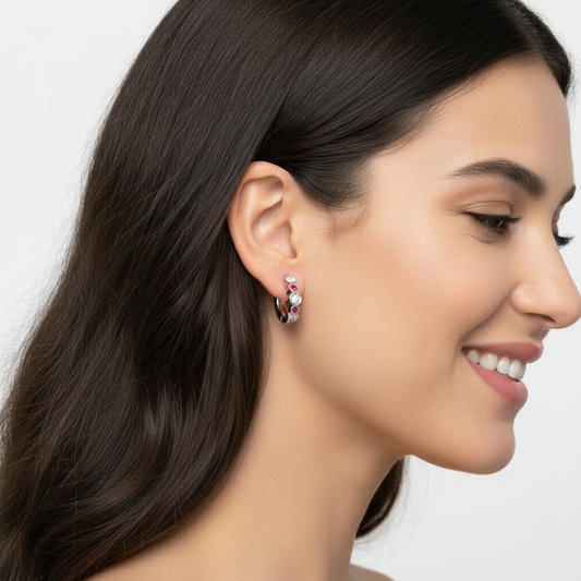 Pink And White Diamond Bezel Set Hoop Earrings In White Gold - Two