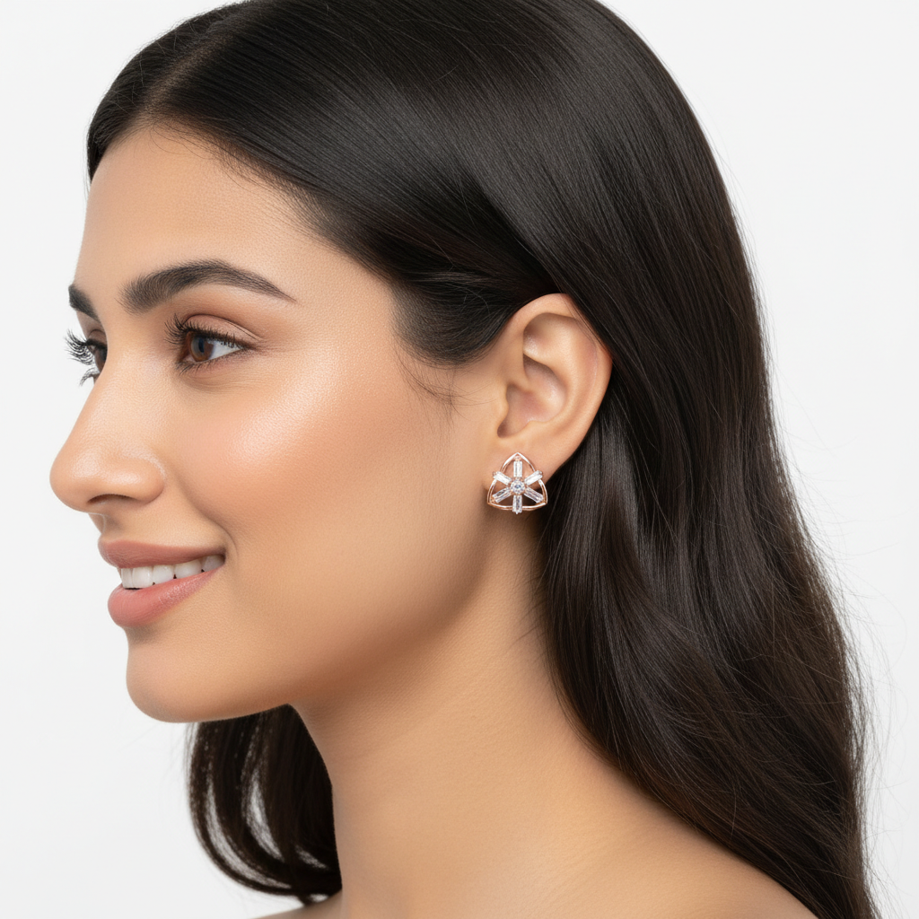 Baguette Diamond Unique Triangle Stud Earrings In Gold - Two