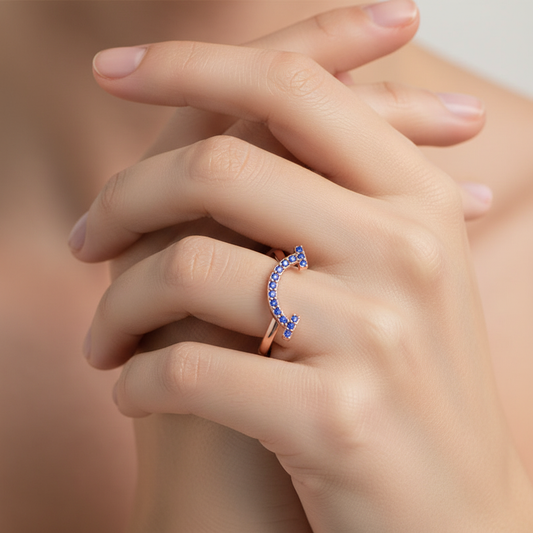 Blue Lab Grown Gemstone Horseshoe Ring - Two