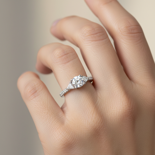 Rose Gold Three Stone Round Cut Diamond Engagement Ring with Pave Band