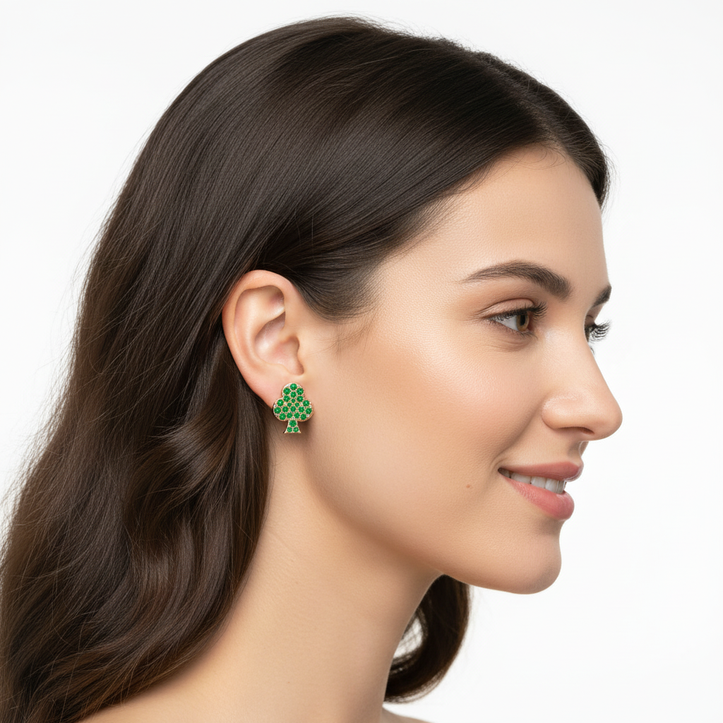 Emerald Pav Club Suit Stud Earrings With Screw Back Closure - Two