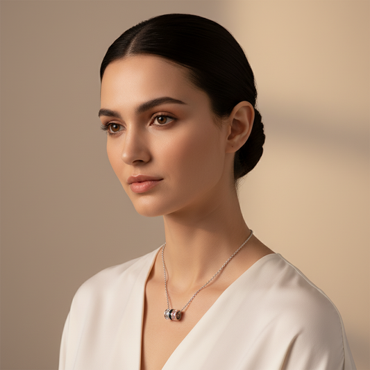 Diamond & Red Gemstone Barrel Pendant Necklace With Custom Enamel | Adjustable 16–17 Inch Chain In Rose Gold | Jebij - Two