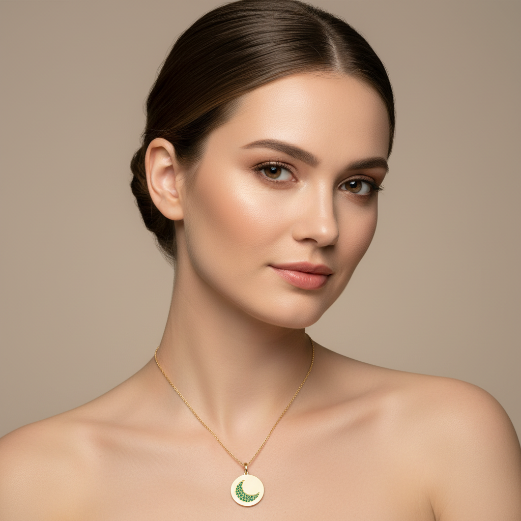 Emerald Crescent Moon Disc Pendant Necklace - Two