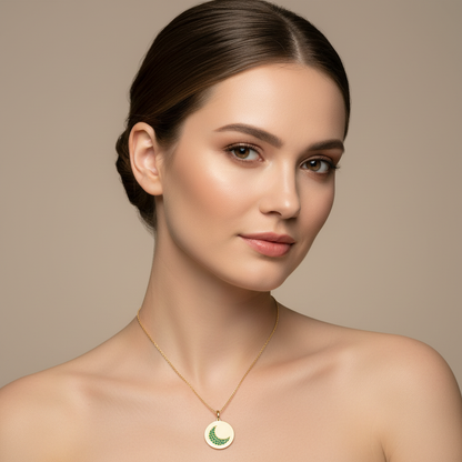 Emerald Crescent Moon Disc Pendant Necklace - Two