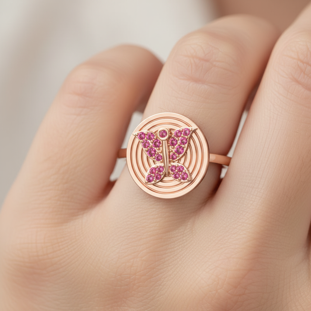 Rose Butterfly Medallion Ring With Pink Gemstones - Two