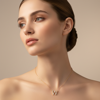 Diamond Initial Letter W Pendant in White Gold
