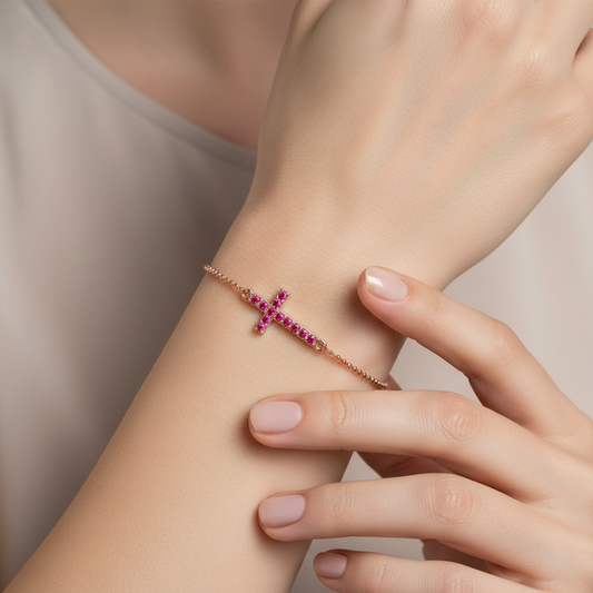 Sideways Cross Bracelet With Pink Crystal Stones Rose Tone Chain - Two